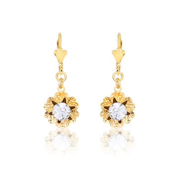 18K Gold Layered Oro Laminado Assorted Rhinestone In Texturized Flower Lever Back